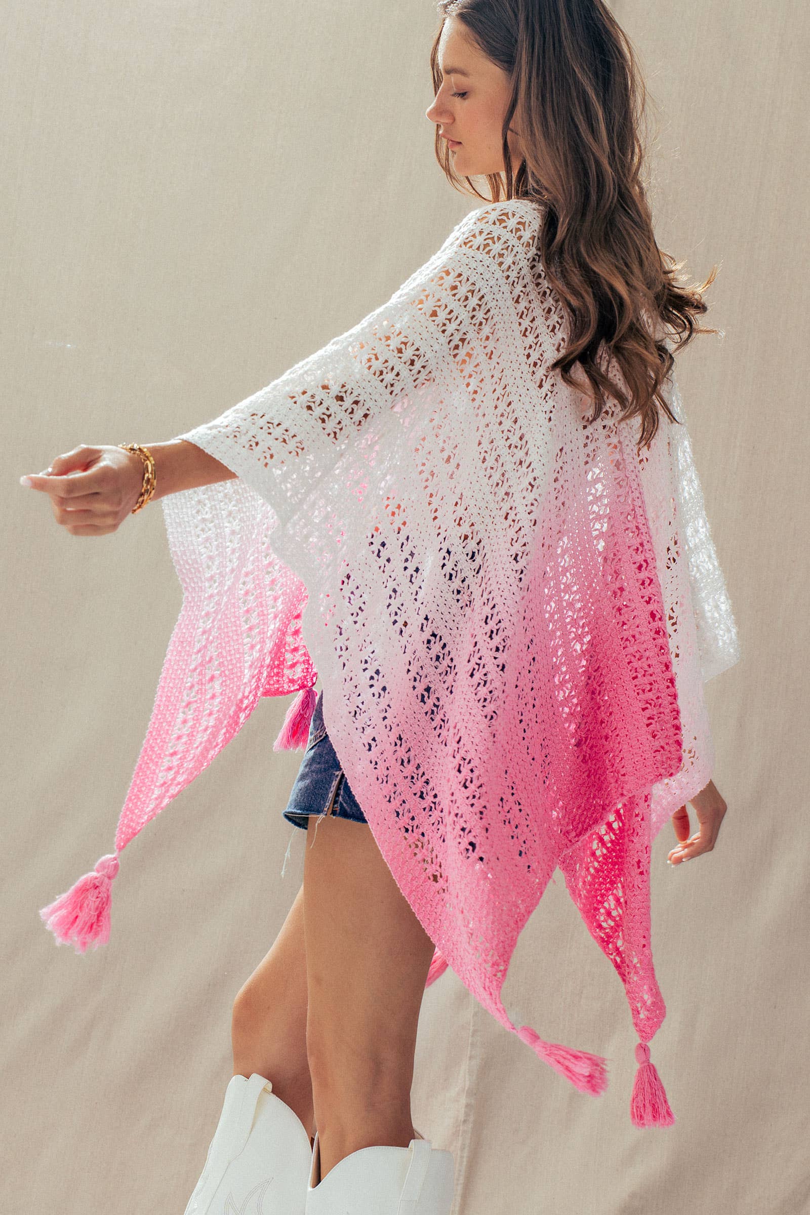 Urban Daizy Ombre Crochet Knit Poncho Tassel Cover-Up Sage Poncho - Women's (UDZ-OT-00492) – alternate view 2