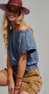 Grommet Trim Washed Cotton Boat Neck Top in VINTAGE NAVY - Women's T-Shirts & Polos | Urban Daizy