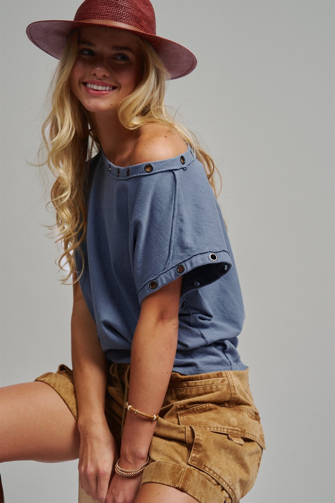 Grommet Trim Washed Cotton Boat Neck Top in VINTAGE NAVY - Women's T-Shirts & Polos | Urban Daizy