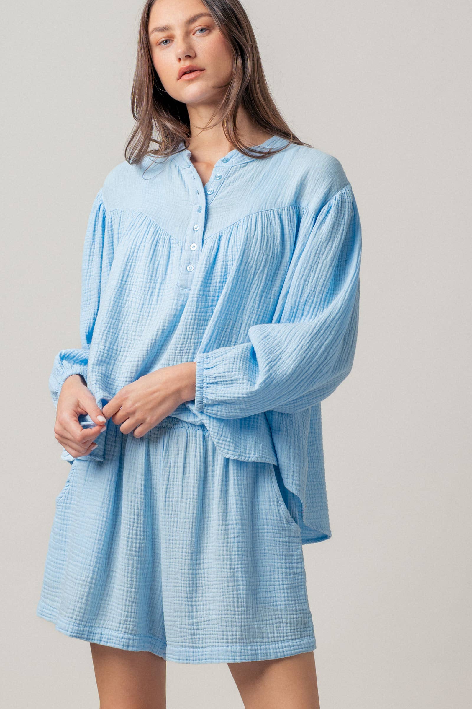 Garment Dyed Cotton Gauze Button Down Top And Shorts Set