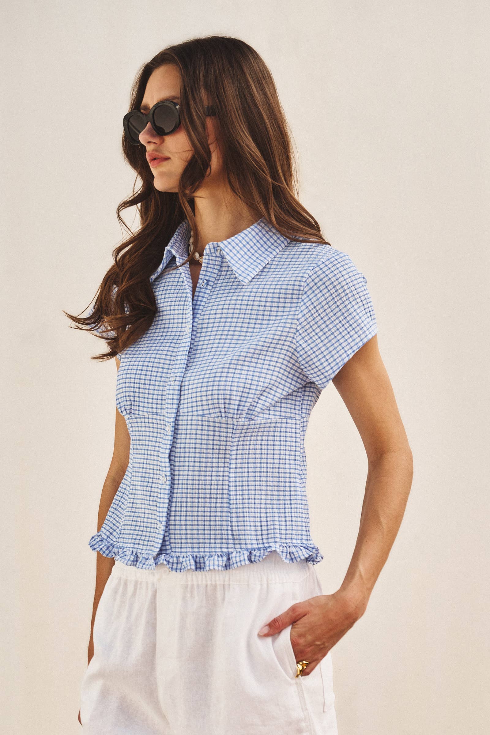 Crinkle Gingham Short Sleeve Peplum Blouse