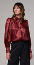 Metallic Shimmer Button Down Blouse with Puff Sleeves in BURGUNDY - Women's Shirts & Blouses | Urban Daizy