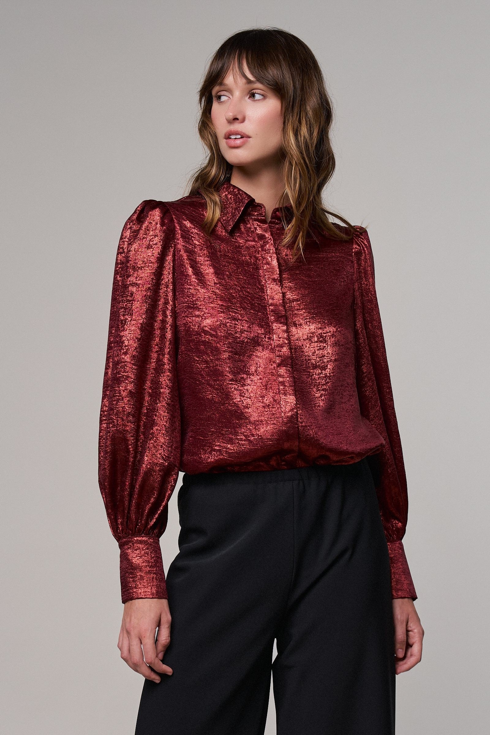 Metallic Shimmer Button Down Blouse with Puff Sleeves in BURGUNDY - Women's Shirts & Blouses | Urban Daizy
