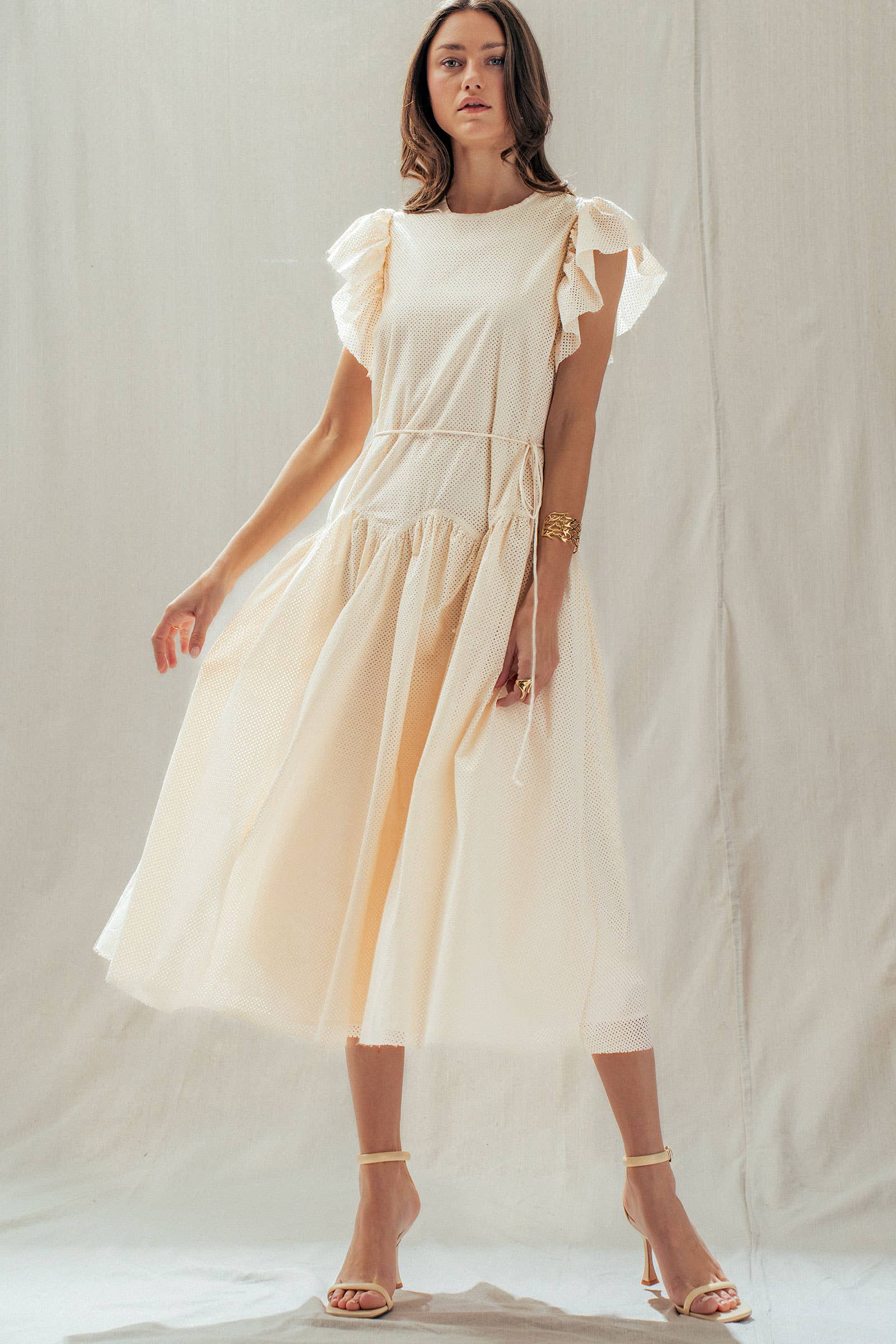 Urban Daizy Cotton Eyelet Flutter Sleeve Drop Waist Midi Dress Ivory Dress - Women's (UDDR0347) – alternate view 2