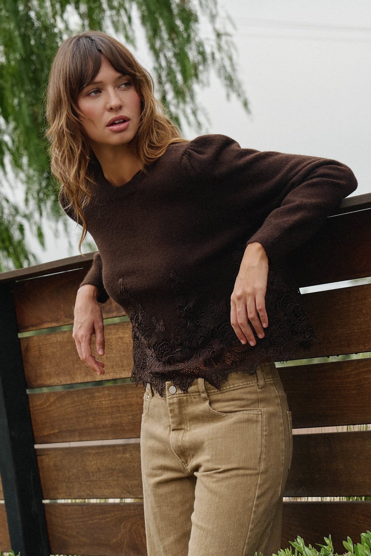 Lace Trim Knit Sweater with Floral Hem Detail in BROWN - Women's Sweaters | Urban Daizy