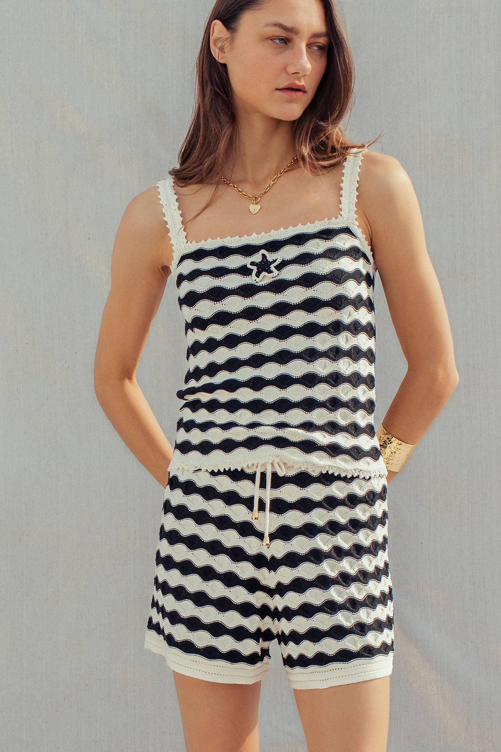 Urban Daizy Wavy Stripe Knit Two-Piece Set Star Detail Ivory-Black Lounge Set - Women's (UDZ-AC-00236) – alternate view 5