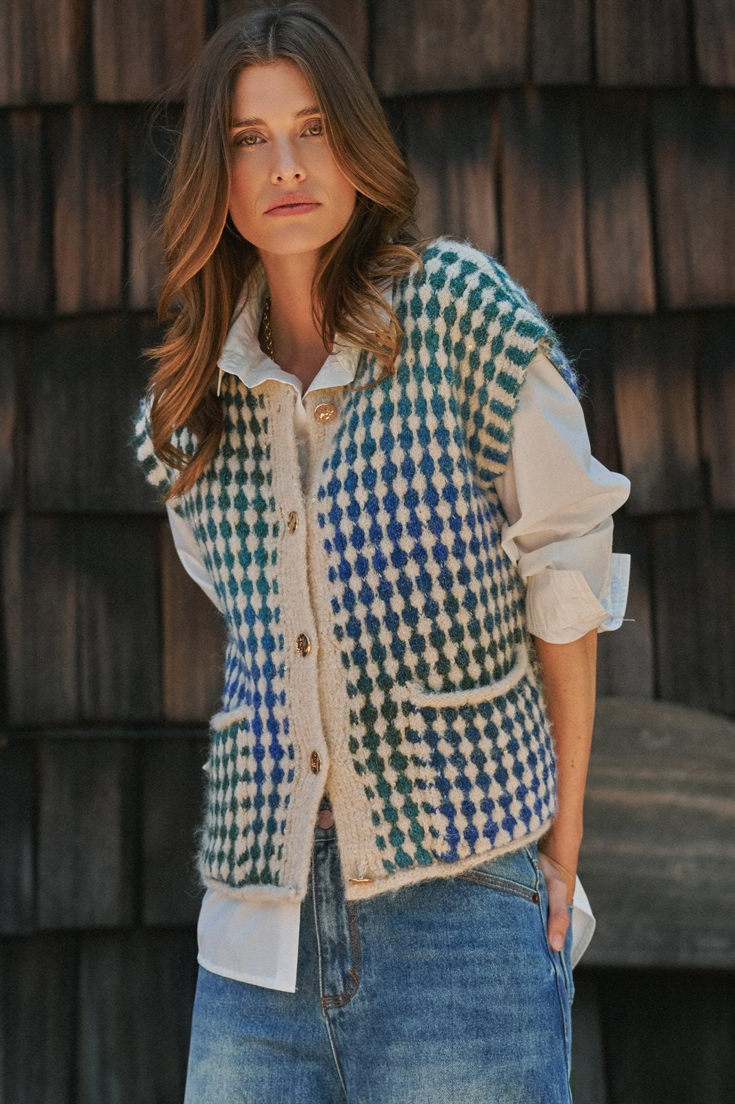 Popcorn Knit Button Front Sweater Vest Wool Blend in GREEN - Women's Sweater Vests | Urban Daizy