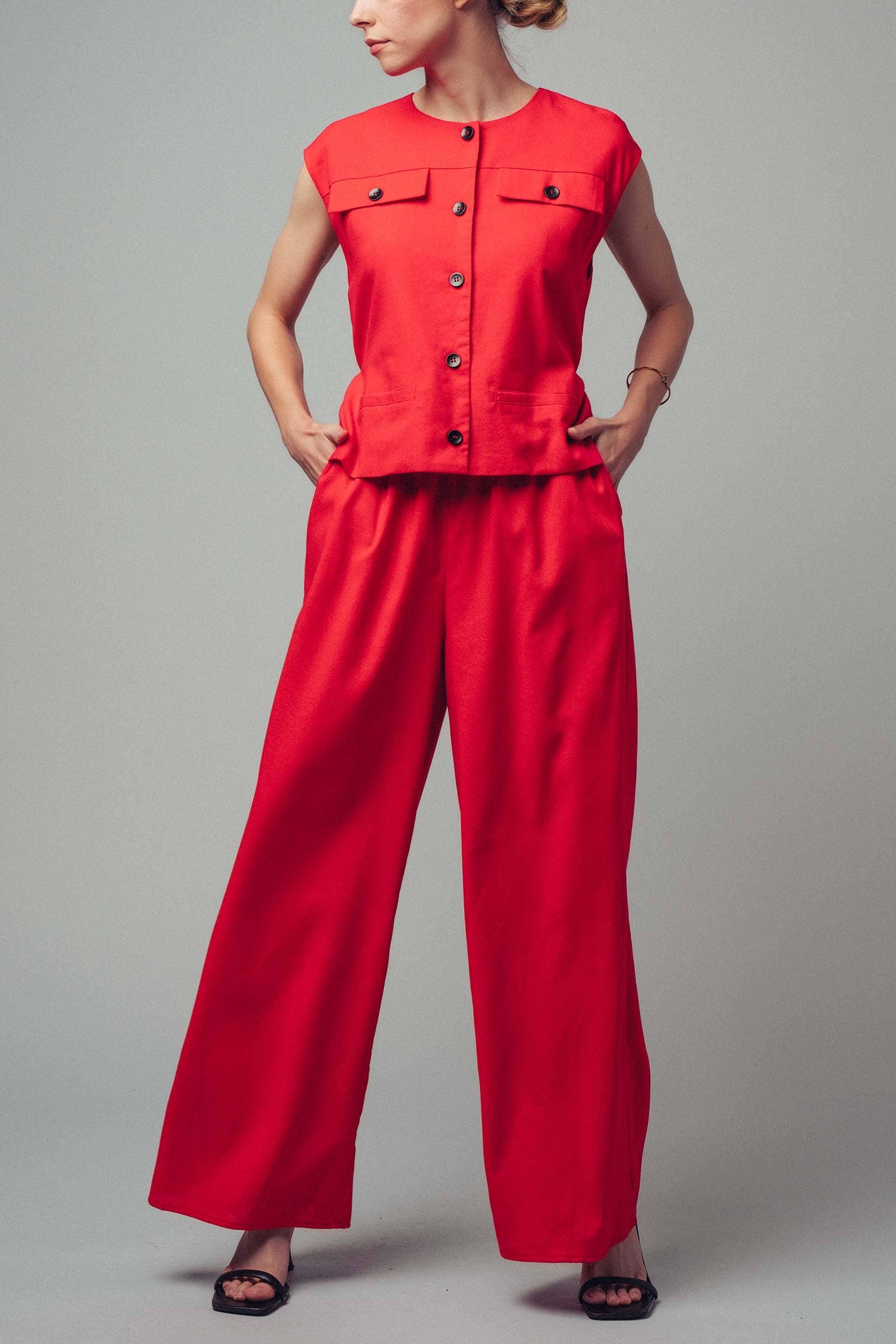 Tie-Waist Sleeveless Wide-Leg Linen Blend Jumpsuit