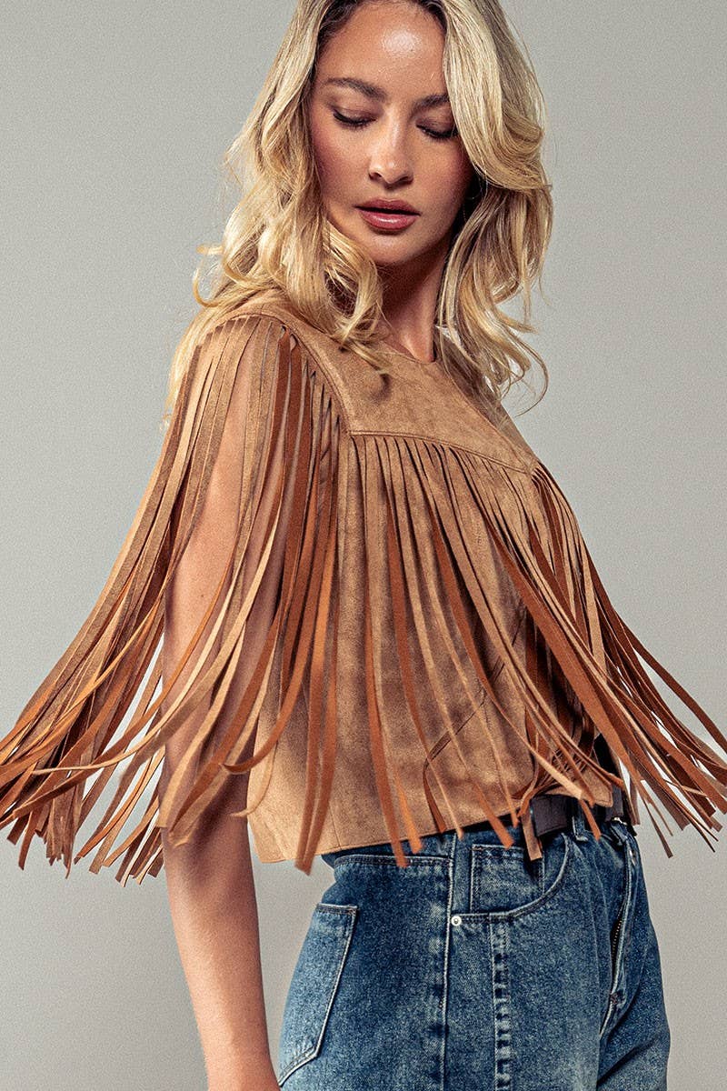 Western Faux Suede Fringe Open Front Jacket