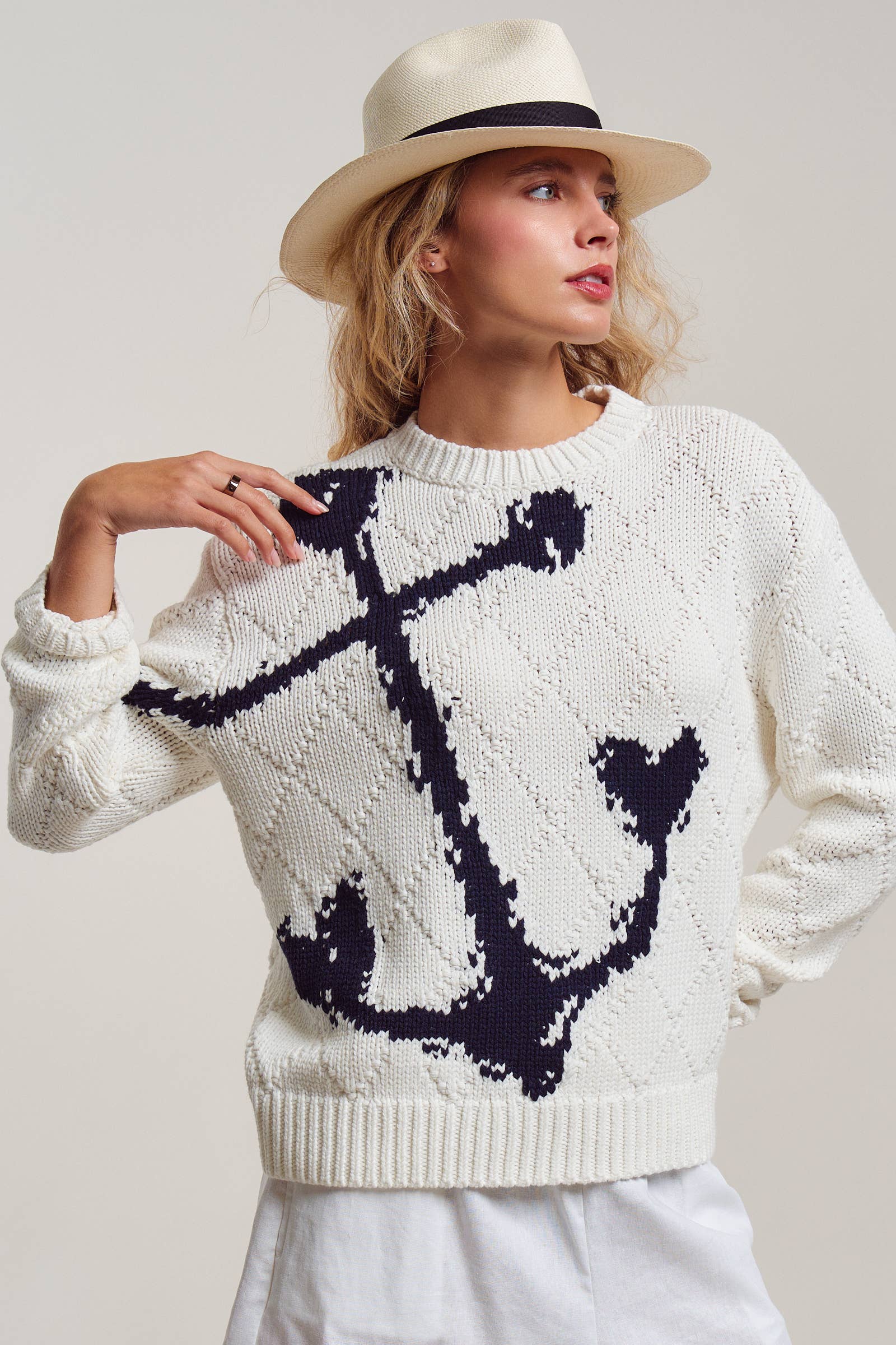 Urban Daizy Nautical Anchor Intarsia Textured Knit Sweater Ivory Knit Sweater - Women's (UDSW0346-Ivory) – alternate view 2