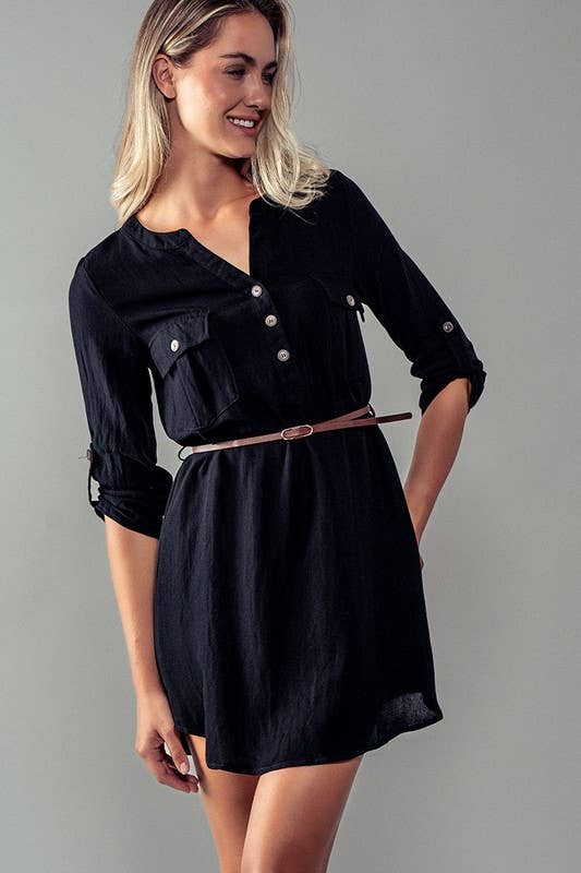 Utility Pocket Belted Henley Mini Dress