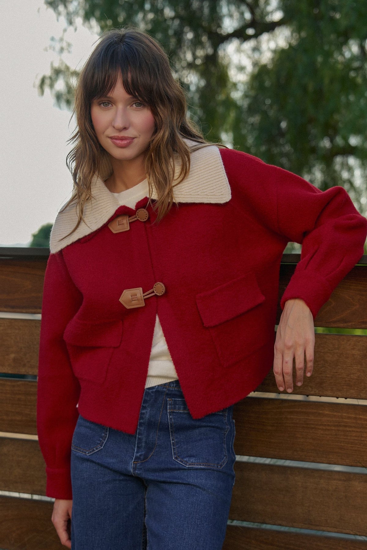 Toggle Front Sweater Jacket with Contrast Collar in RED - Women's Jackets & Blazers | Urban Daizy