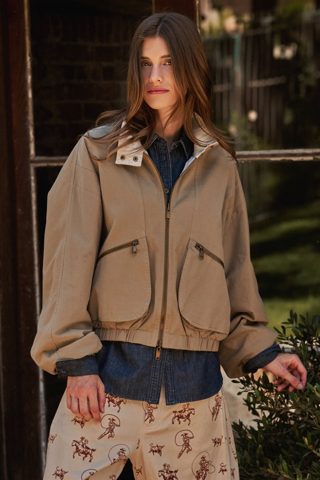 Cropped Zip Bomber Jacket in KHAKI - Women's Jackets & Blazers | Urban Daizy