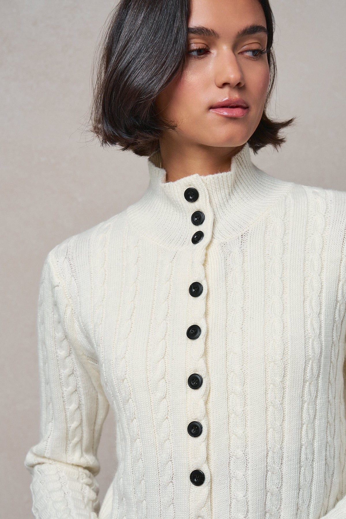 Cable Knit Mock Neck Button-Front Cardigan in IVORY - Women's Sweaters | Urban Daizy