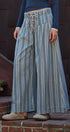 Striped Denim Wide Leg Palazzo Pants Vintage Wash Boho Coast in LT DENIM - Women's Casual Pants | Urban Daizy