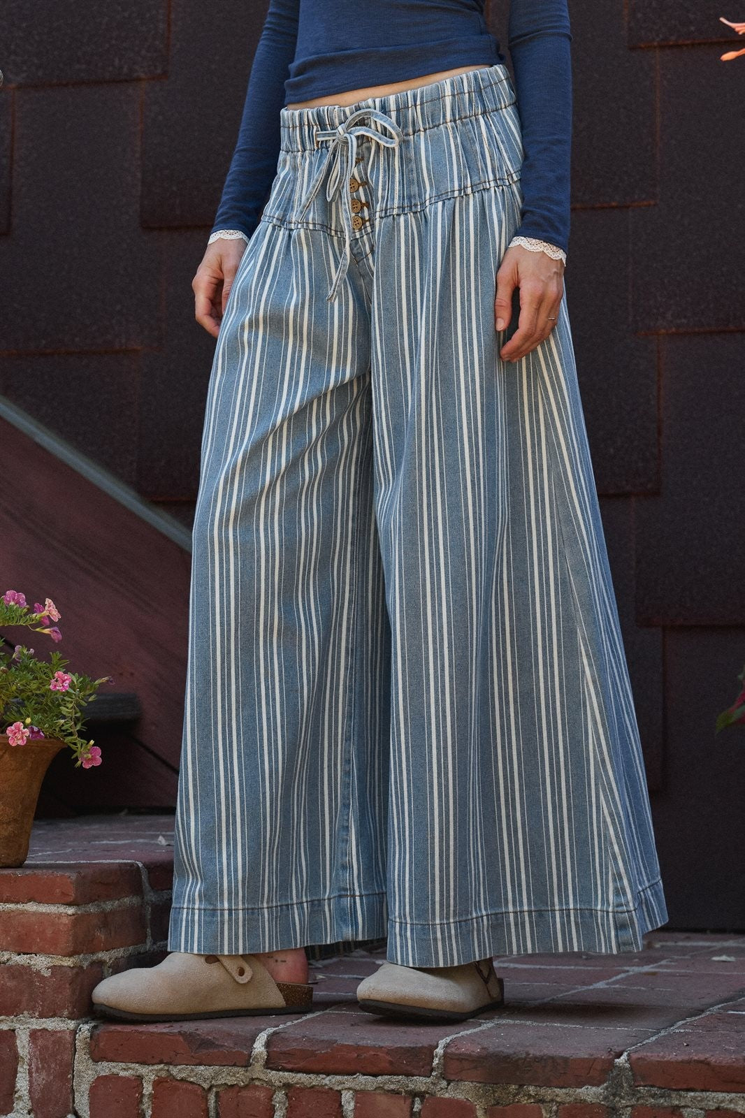 Striped Denim Wide Leg Palazzo Pants Vintage Wash Boho Coast in LT DENIM - Women's Casual Pants | Urban Daizy