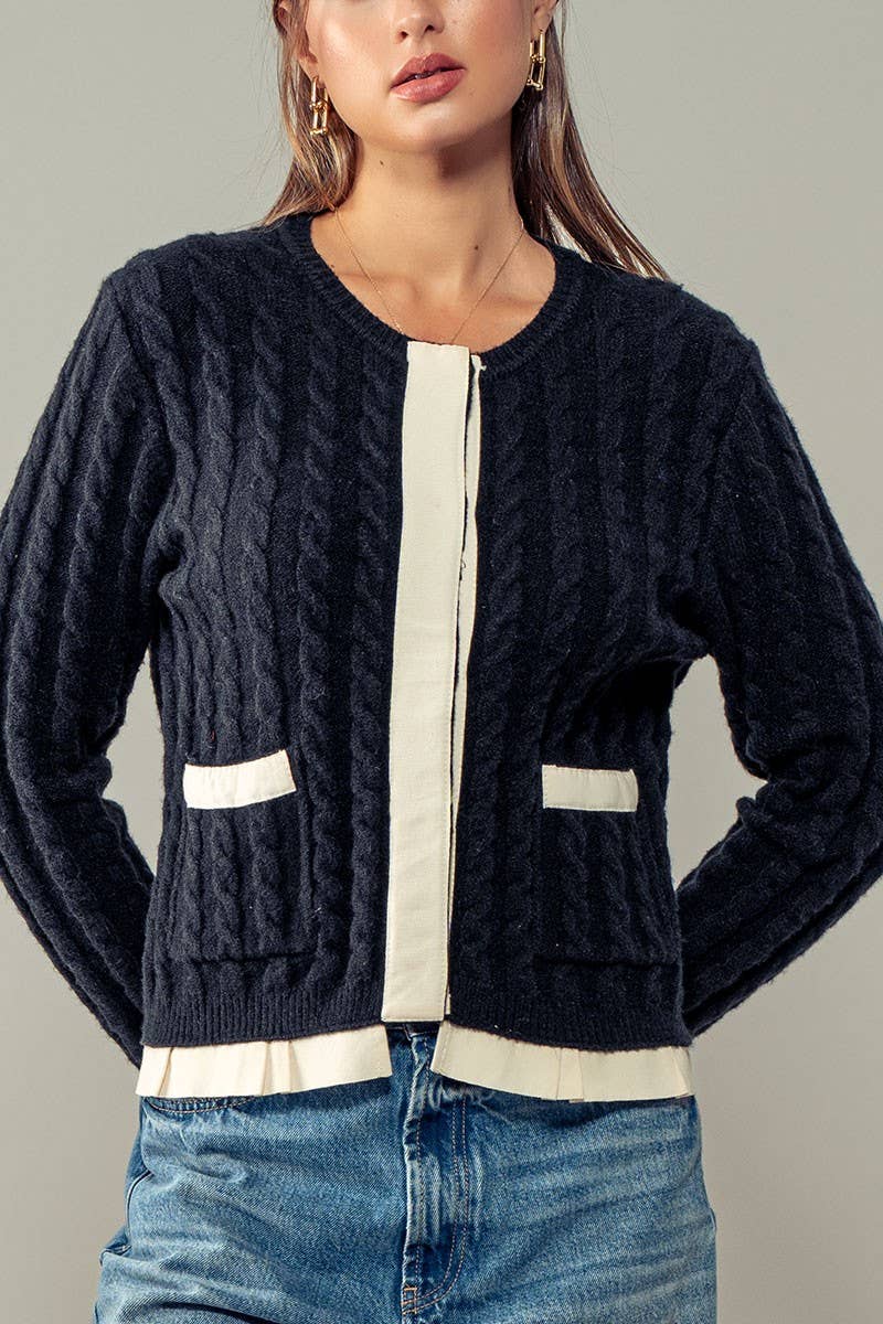 Urban Daizy Cable Knit Snap Front Ribbed Trim Long Sleeve Sweater Ivory Cardigan - Women's (UDZ-KN-00628) – alternate view 7