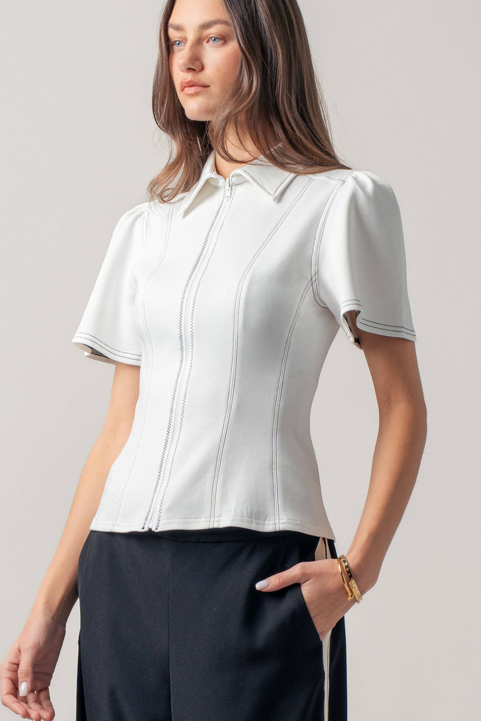 Urban Daizy Contrast Stitch Zip Front Knit Top Puff Sleeve Ivory Blouse - Women's (UDZ-TP-01058) – alternate view 3