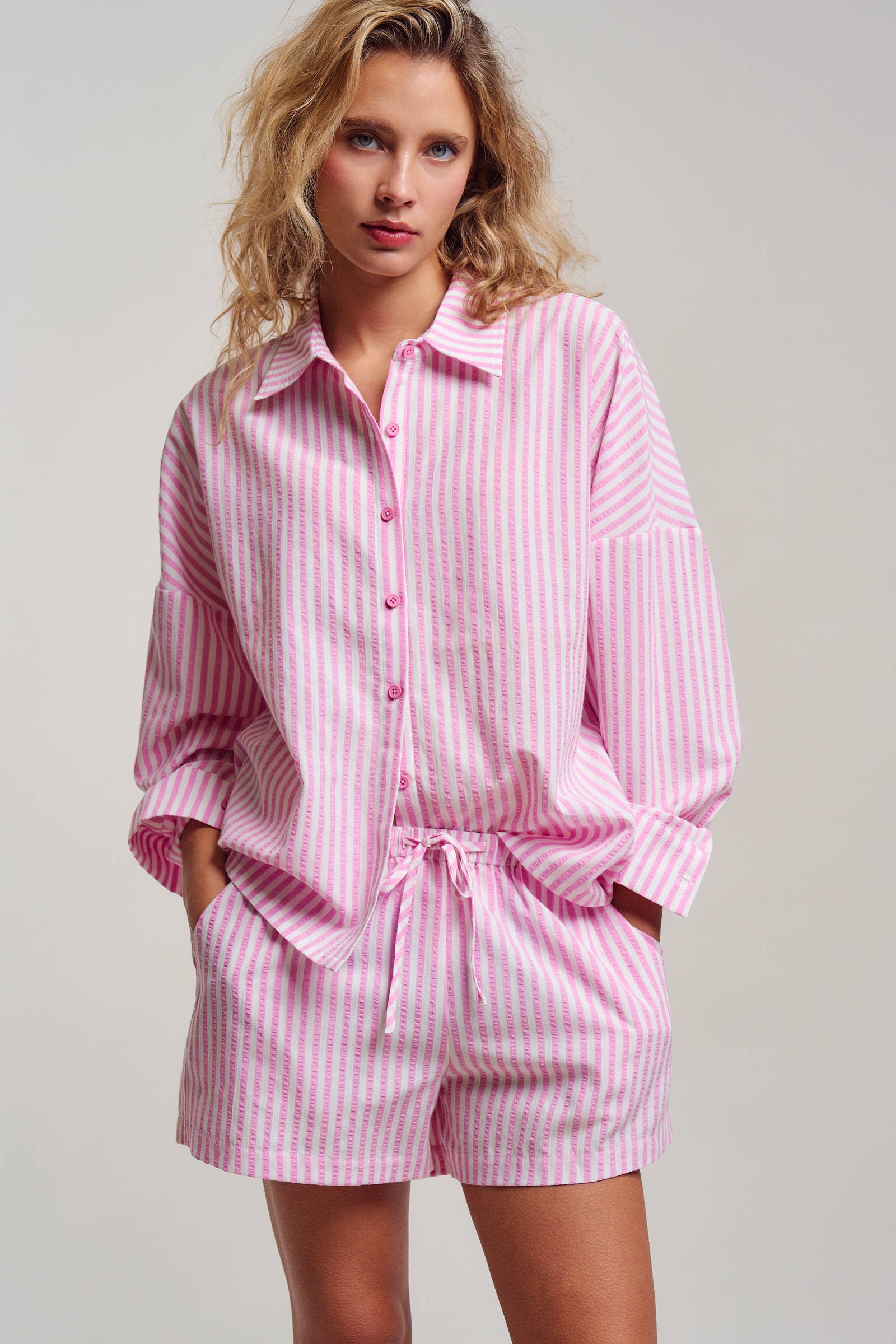 Urban Daizy Striped Seersucker Button-Down Shirt & Shorts Set Blue Lounge Set - Women's (UDST0148-Blue) – alternate view 2