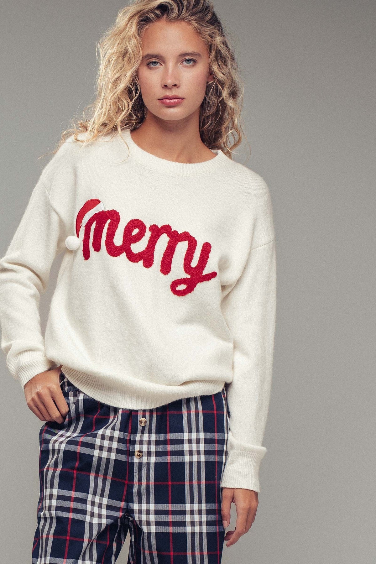 Jolly Script Embroidered Sweater in RED - Women's Sweaters | Urban Daizy