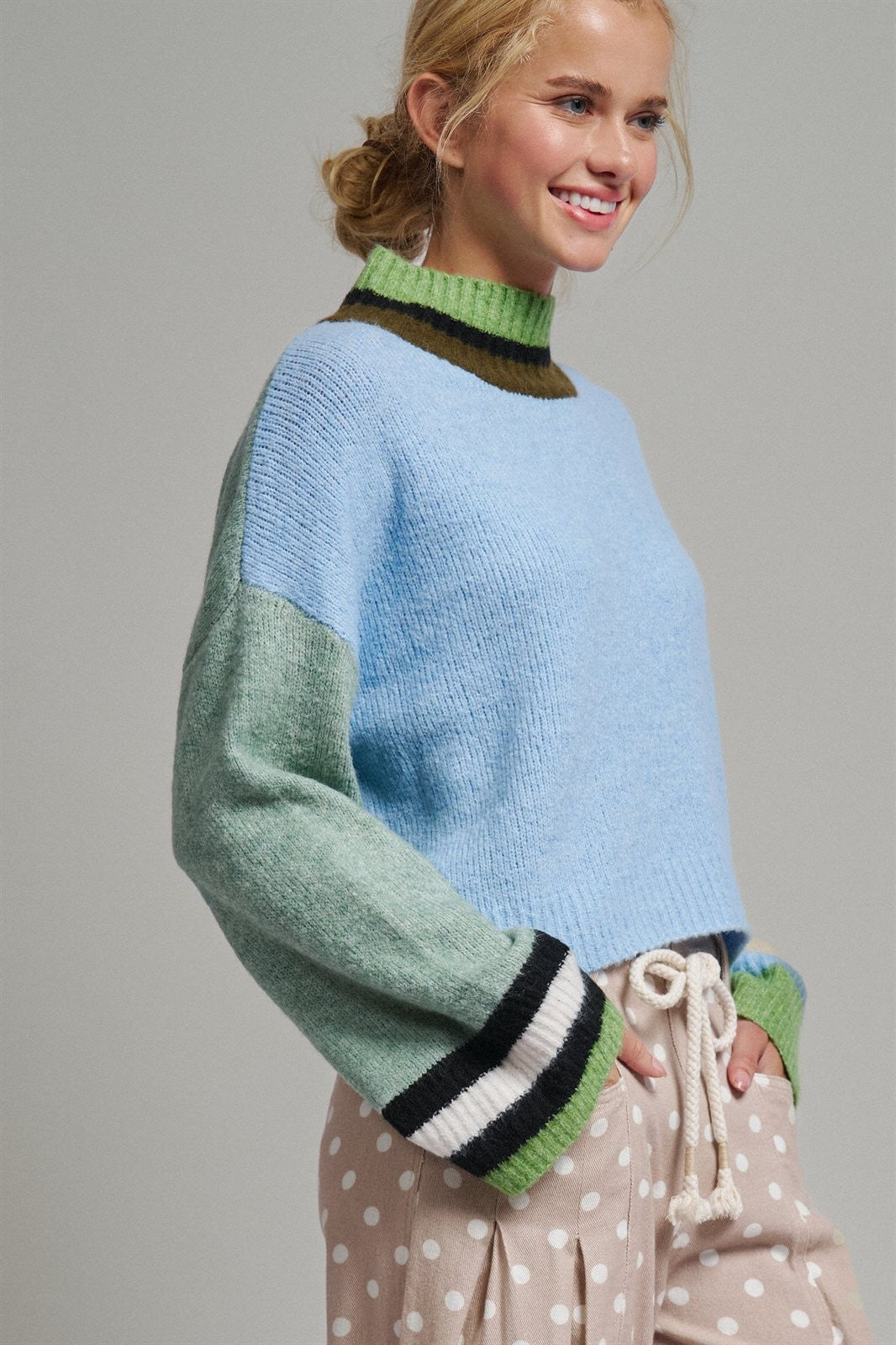 Paneled Hues Knit Sweater in BLUE SAGE - Women's Sweaters | Urban Daizy