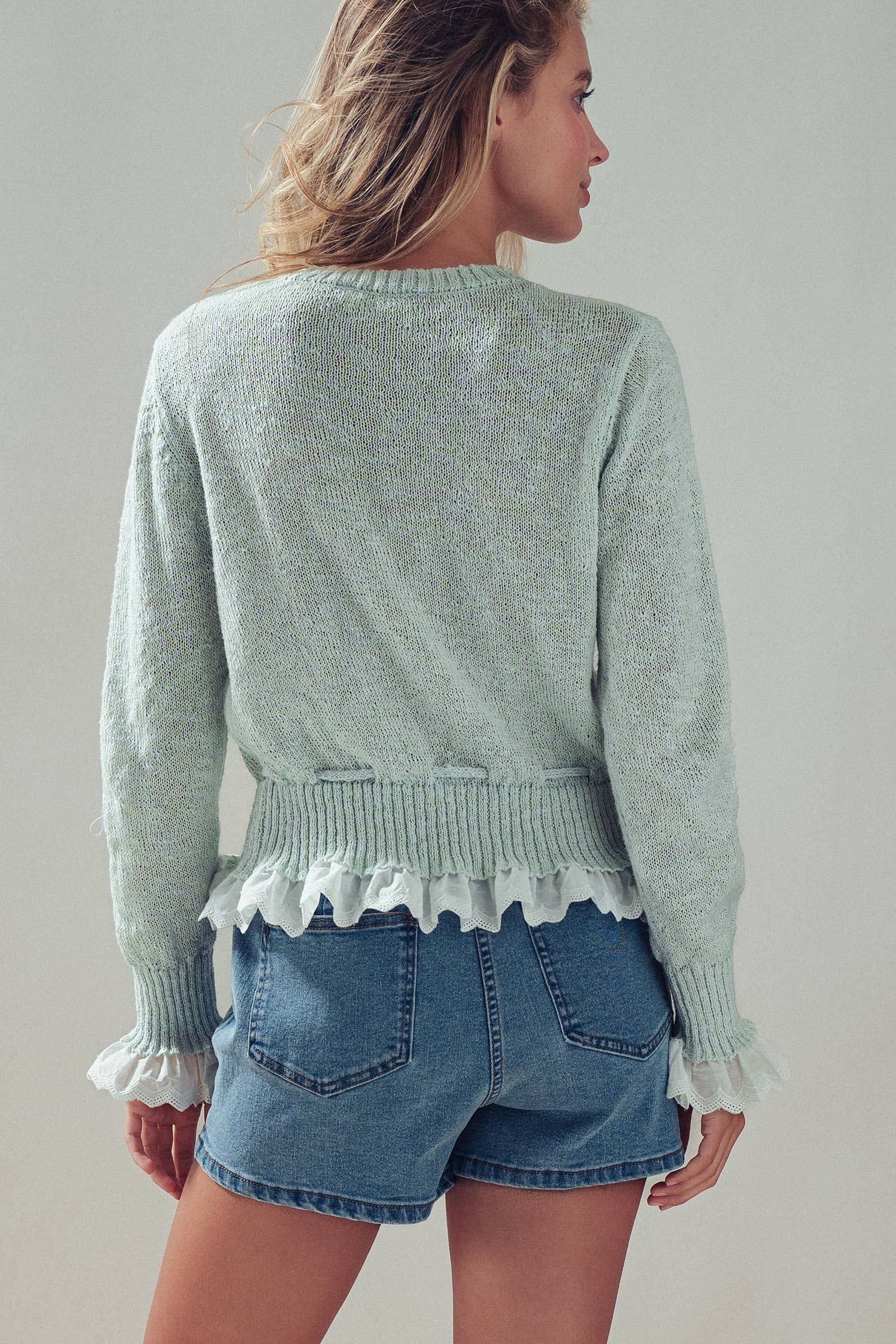 Eyelet Trim Peplum Drawstring Cardigan