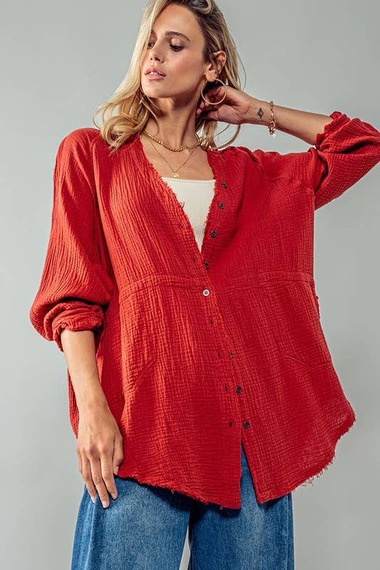 Urban Daizy PREMIUM SOFT FRAYED HEM GAUZE VINTAGE WASHED SHIRT Forest-Green Button Down Shirt - Women's (UDZ-TP-00225) –…