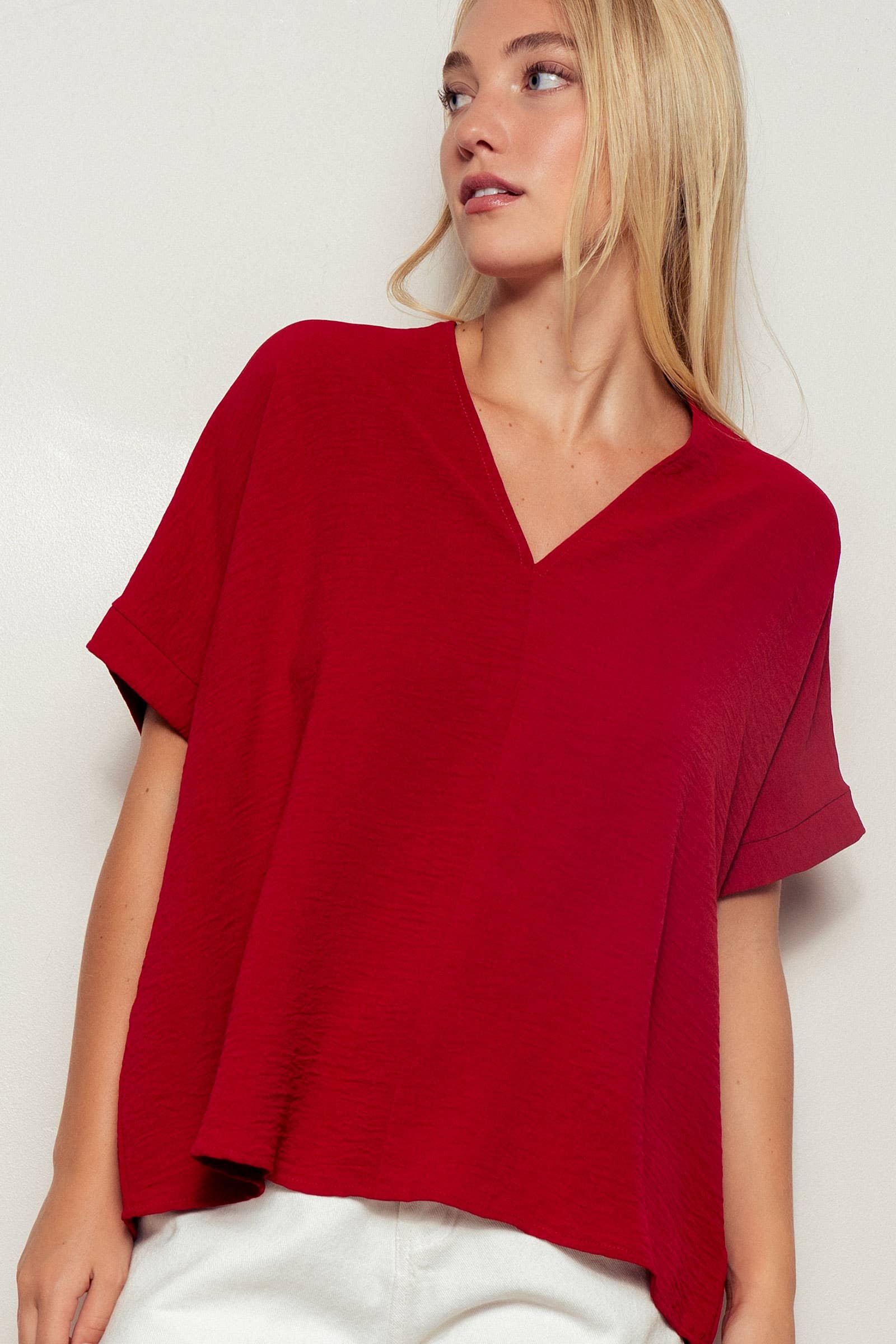 Urban Daizy Oversized V-Neck Folded Short Sleeve Top-GD Gd-Blue Blouse - Women's (UDZ-TP-00270) – alternate view 29