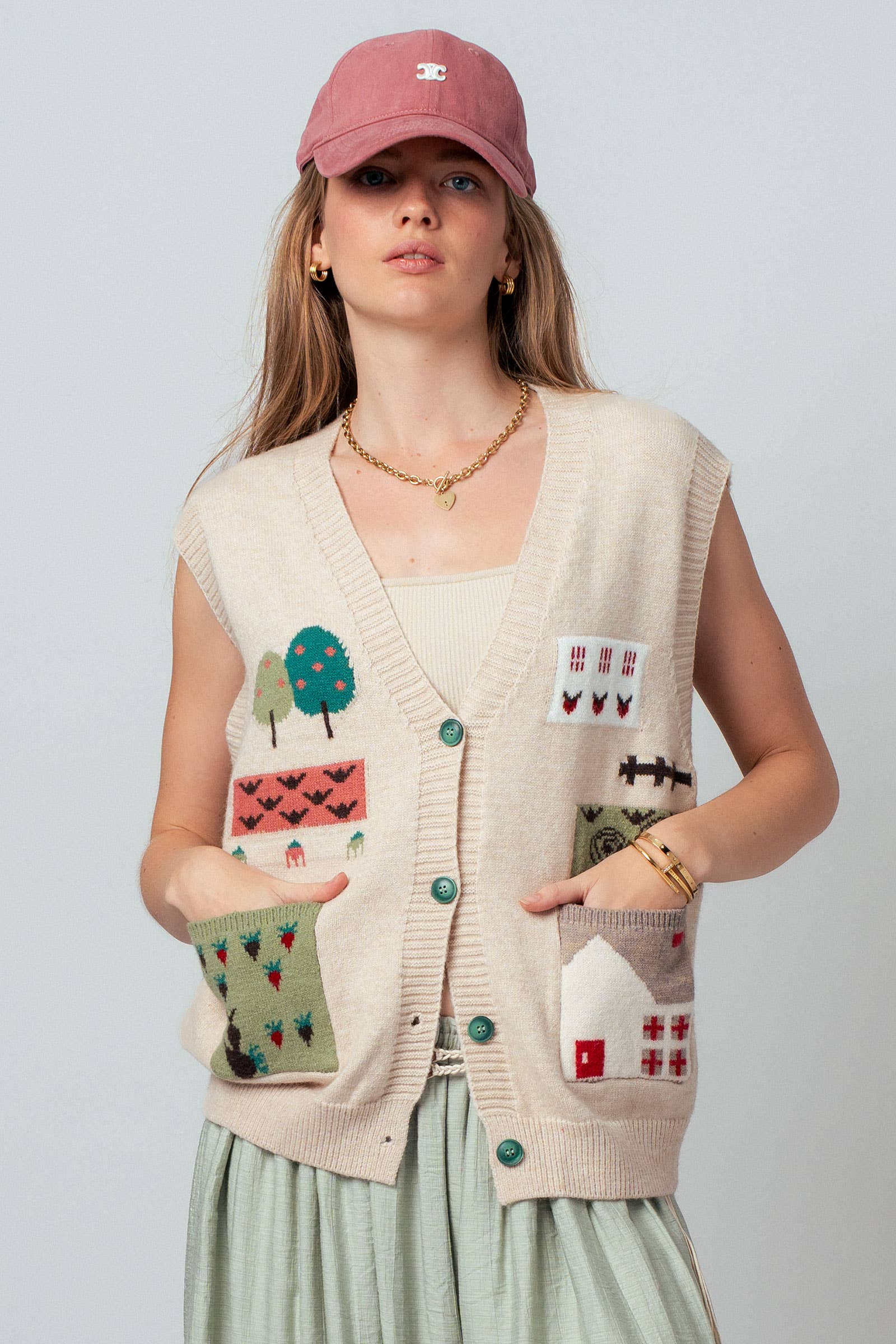 Urban Daizy Boho Graphic Knit Vest with Patch Pockets Oatmeal Sweater Vest - Women's (UDZ-KN-01039) – alternate view 11