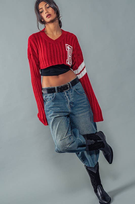 Urban Daizy Cropped Ribbed Knit V-Neck Sweater H-Grey Knit Top - Women's (UDZ-TP-00637) – alternate view 8