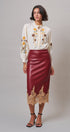 Faux Leather Lace Trim Midi Pencil Skirt in BURGUNDY - Women's Midi Skirts | Urban Daizy