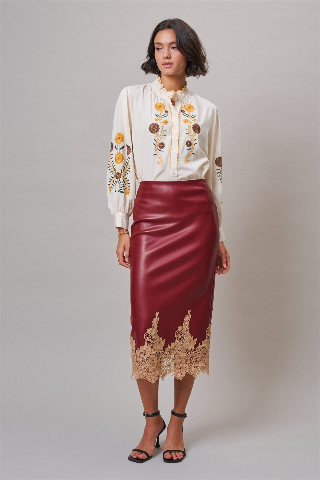 Faux Leather Lace Trim Midi Pencil Skirt in BURGUNDY - Women's Midi Skirts | Urban Daizy