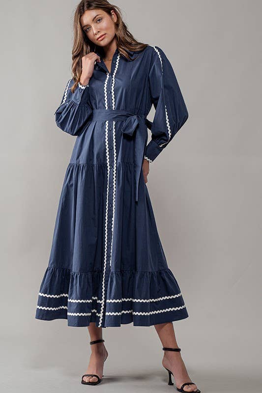 Urban Daizy Scalloped Tiered Cotton Button Down Belted Midi Dress Navy Dress - Women's (UDZ-DR-00311) – alternate view 6