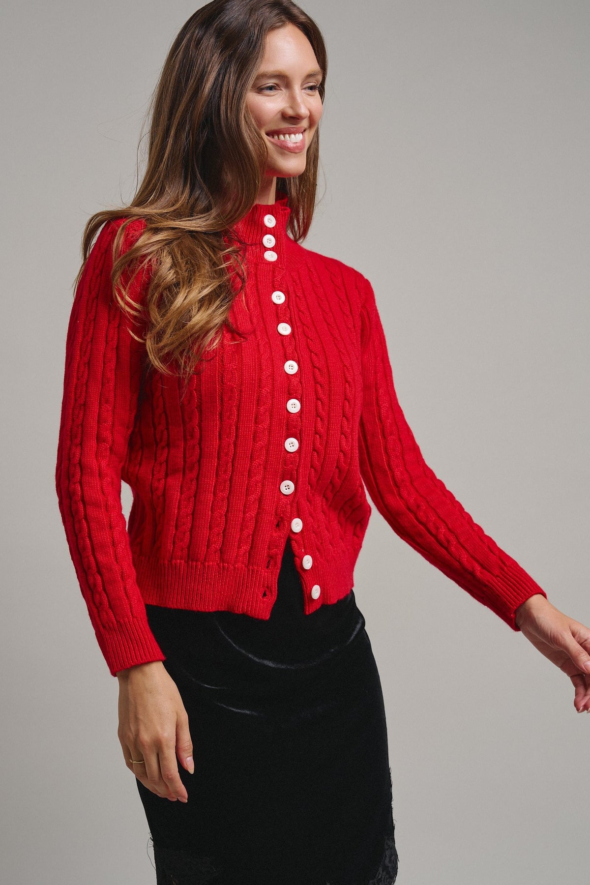 Cable Knit Mock Neck Button-Front Cardigan in RED - Women's Sweaters | Urban Daizy