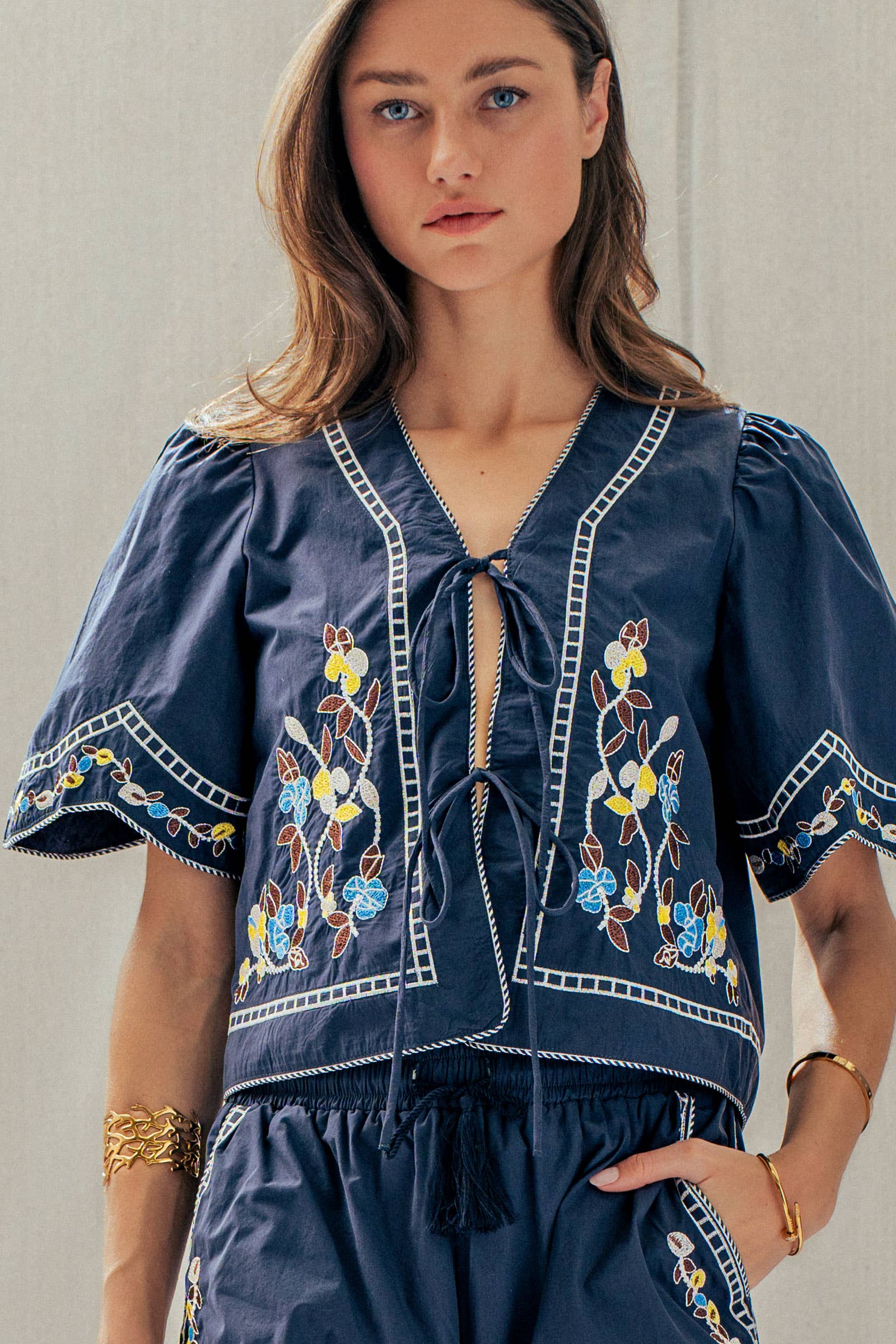 Floral Embroidered Tie Front Cotton Top