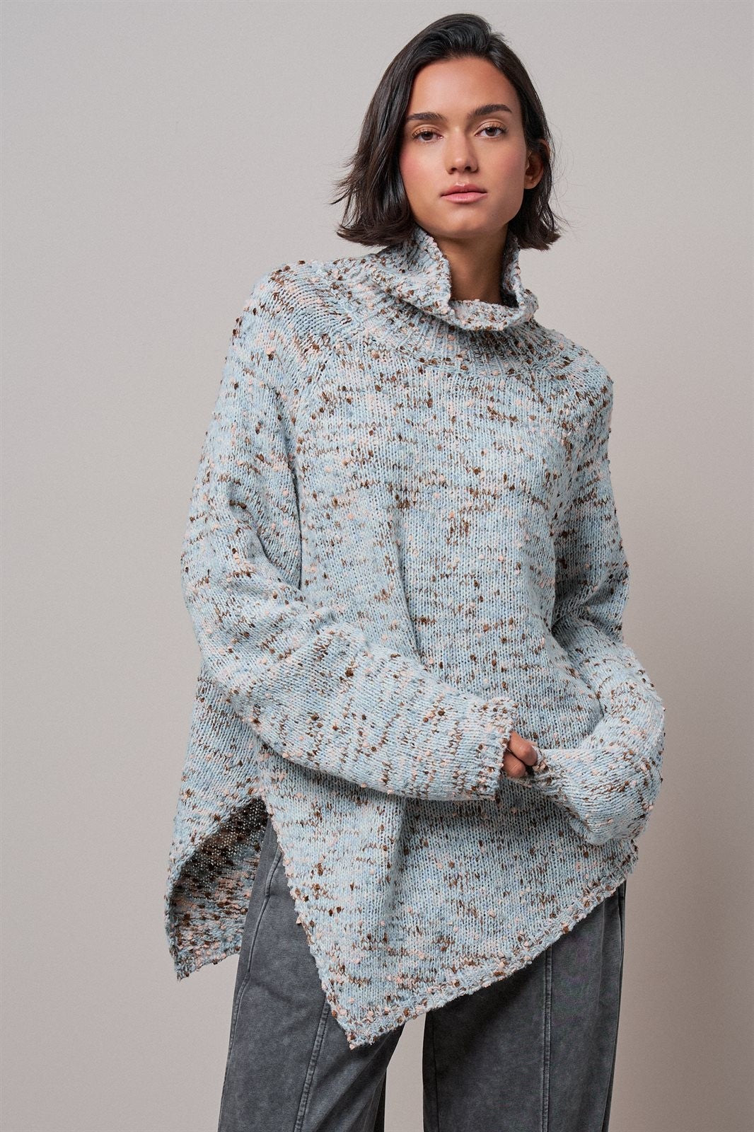 Chunky Knit Mock Neck Oversized Poncho Sweater in BLUE - Women's Sweaters | Urban Daizy
