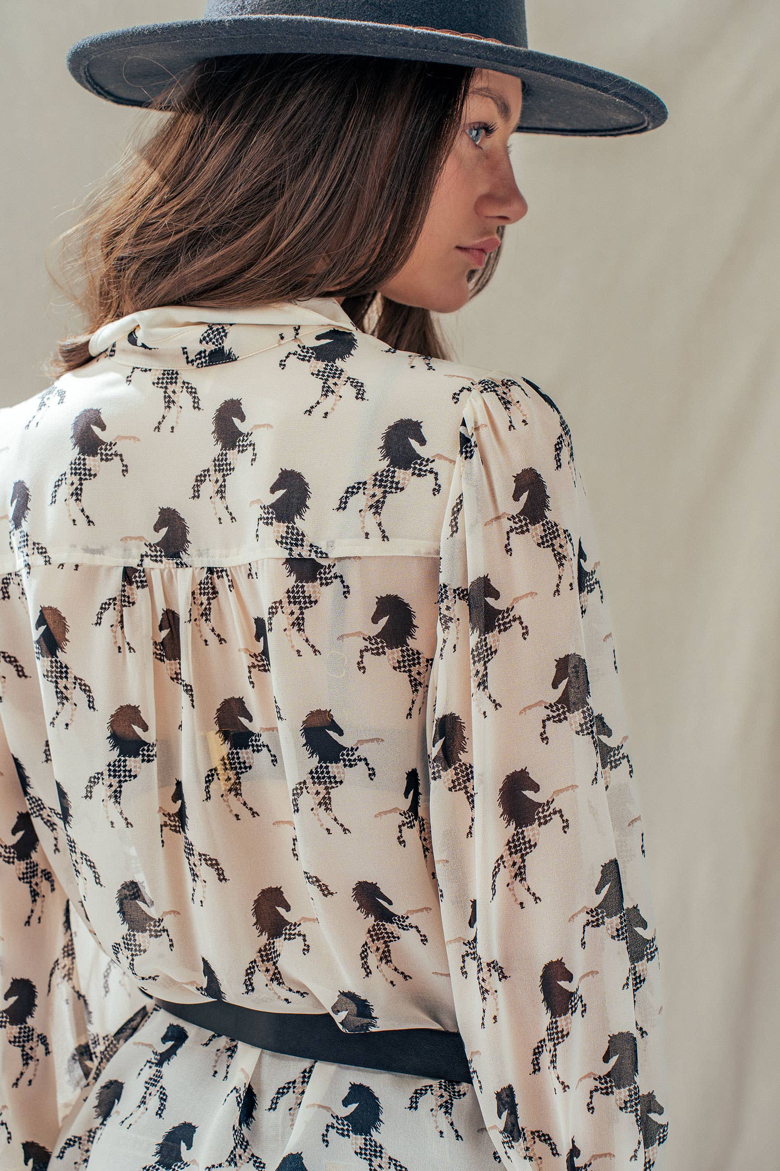 Western Horse Print Button Down Blouse Flared Cuff