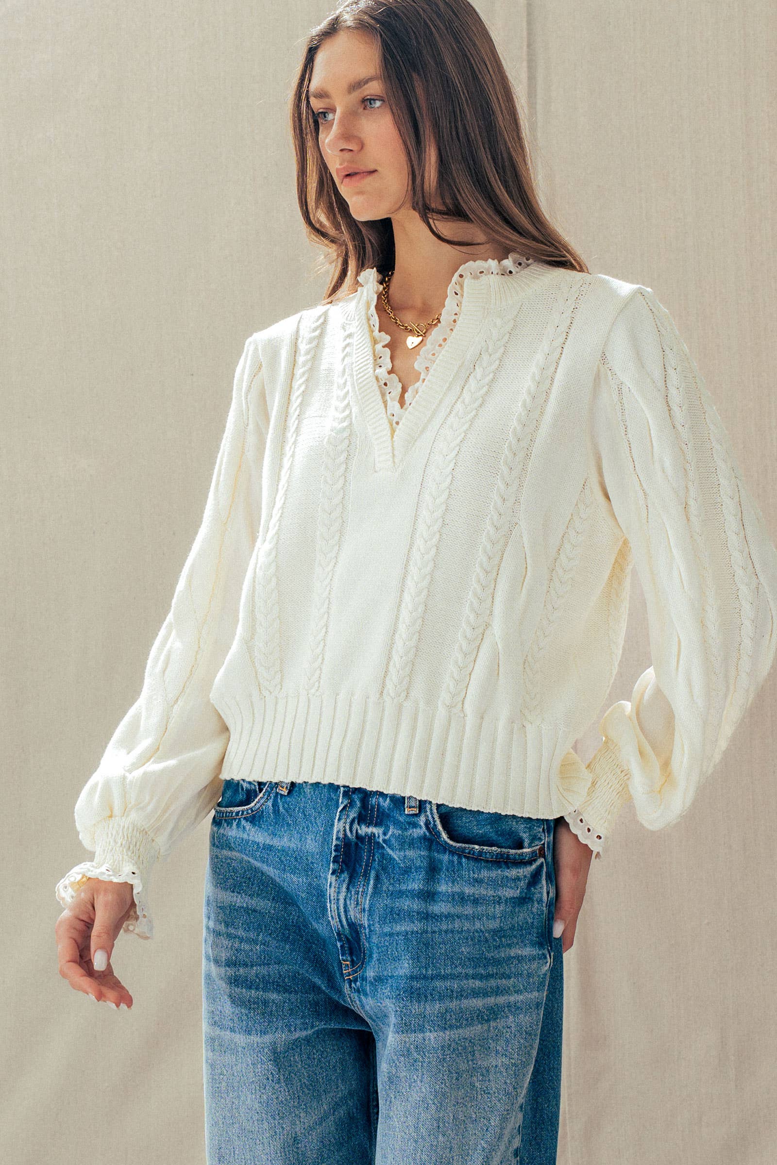 Lace Trim Cable Knit Pullover Sweater