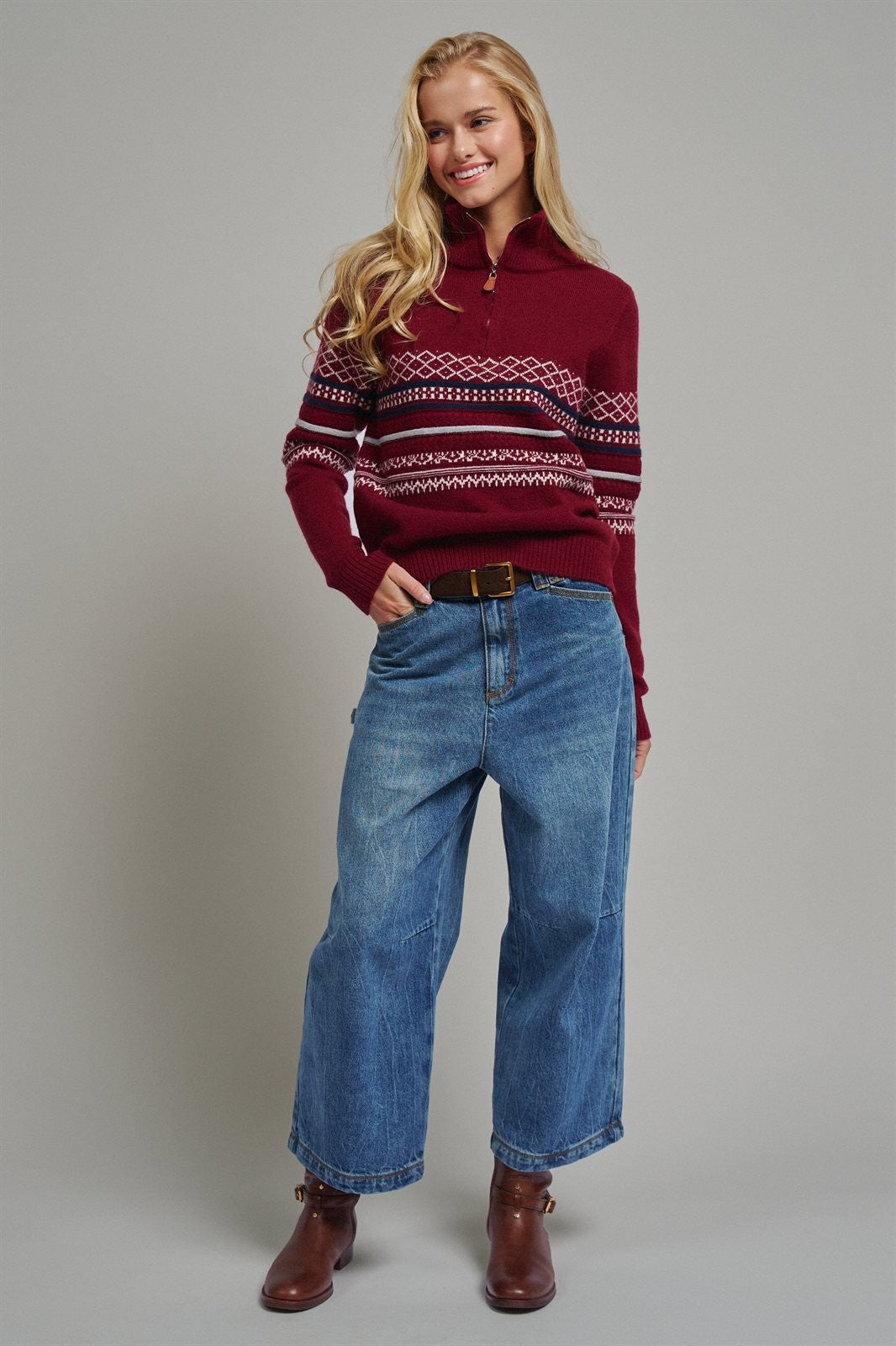 Fair Isle Quarter Zip Sweater Wool Blend with Leather Pull T in BURGUNDY - Women's Cardigans & Shrugs | Urban Daizy