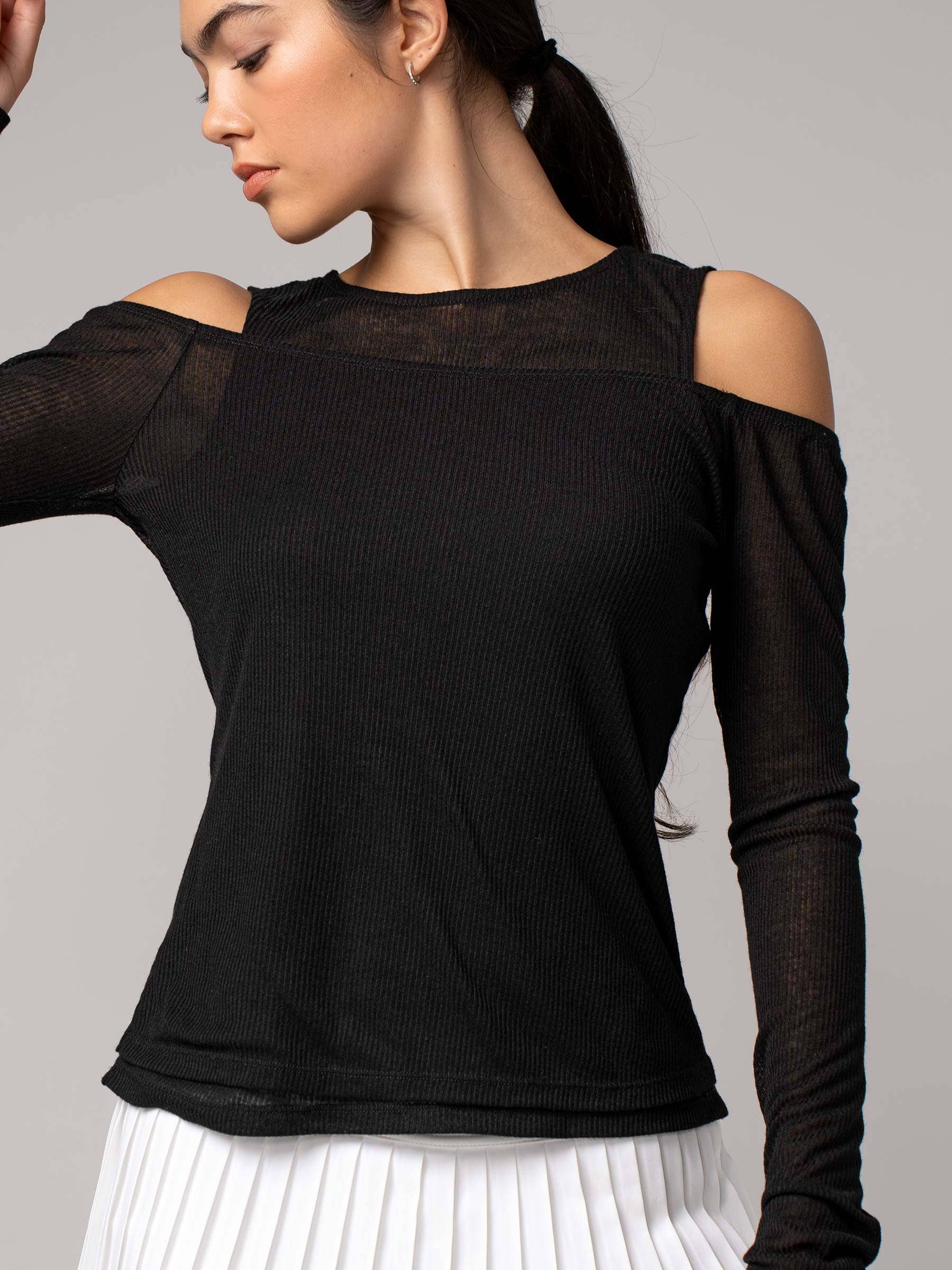 Urban Daizy Layered Ribbed Knit Off-Shoulder Long Sleeve Top Black Tank Top - Women's (UDZ-TP-00229) – alternate view 2