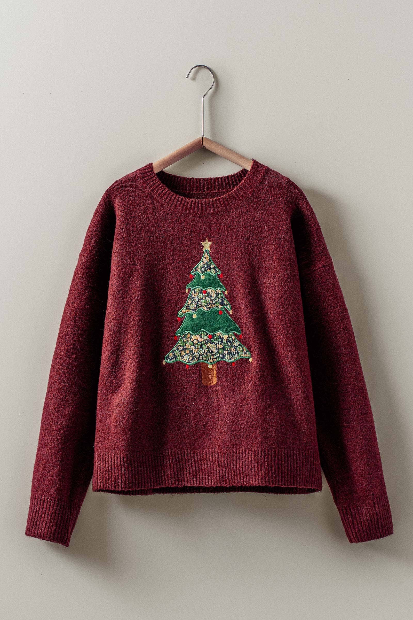 Urban Daizy Mixed-Media Appliqu�� Tree Graphic Sweater Burgundy Knit Sweater - Women's (UDZ-DR-00