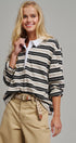 Striped Rugby Polo Long Sleeve Knit Top with Contrast Collar in IVORY BLACK - Women's T-Shirts & Polos | Urban Daizy