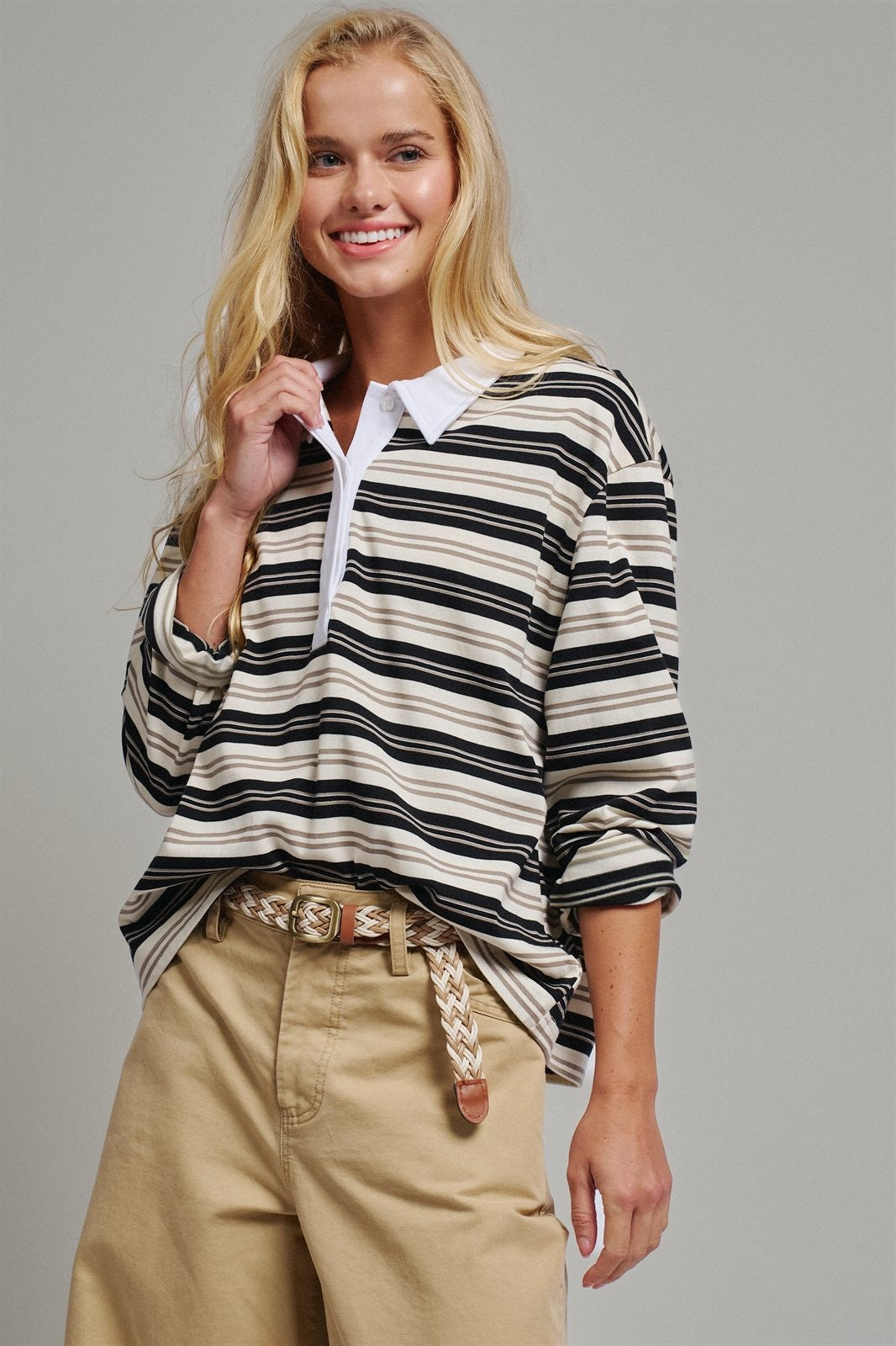 Striped Rugby Polo Long Sleeve Knit Top with Contrast Collar in IVORY BLACK - Women's T-Shirts & Polos | Urban Daizy