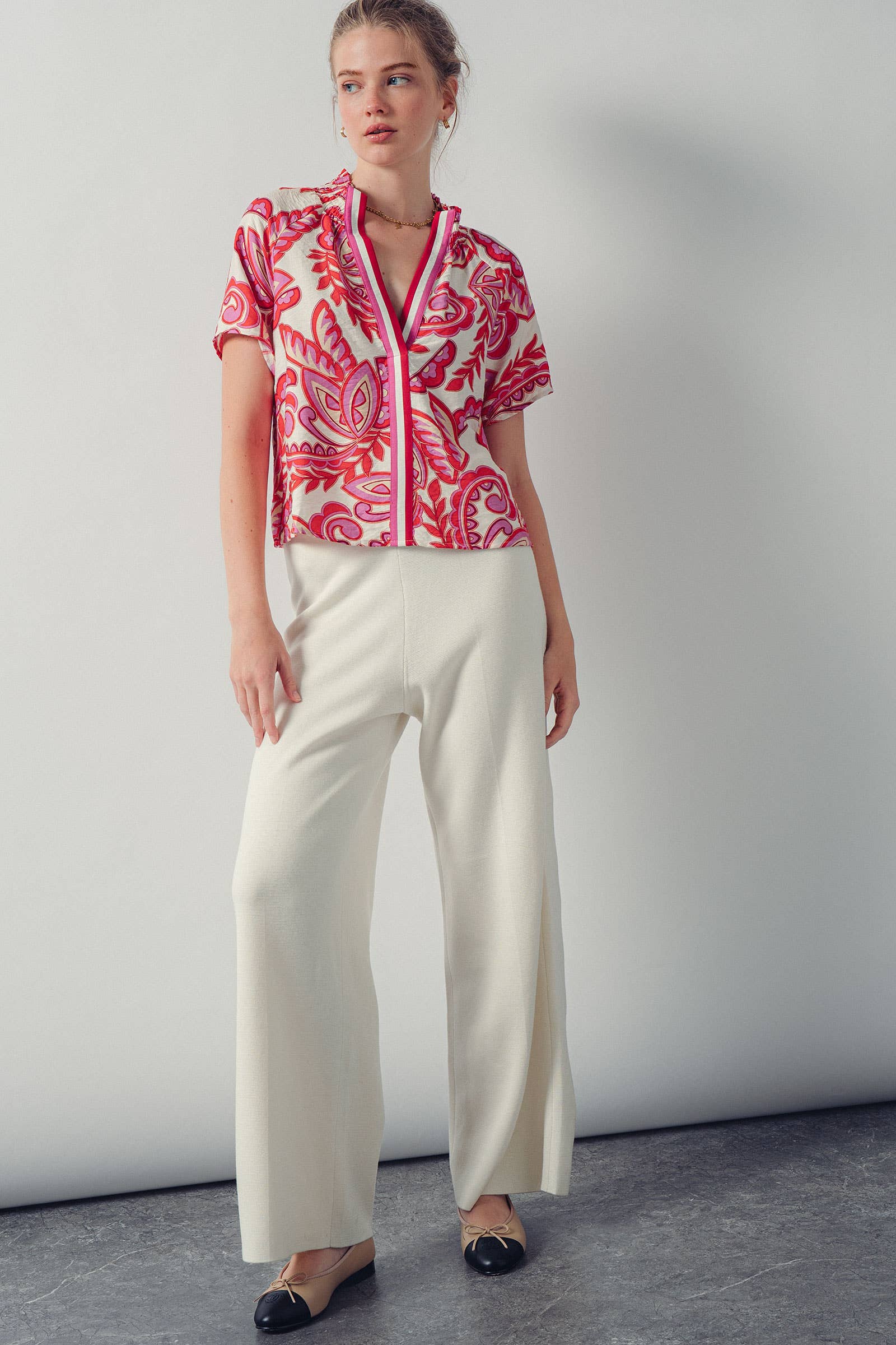 Paisley Smocked High-Neck V-Neck Blouse