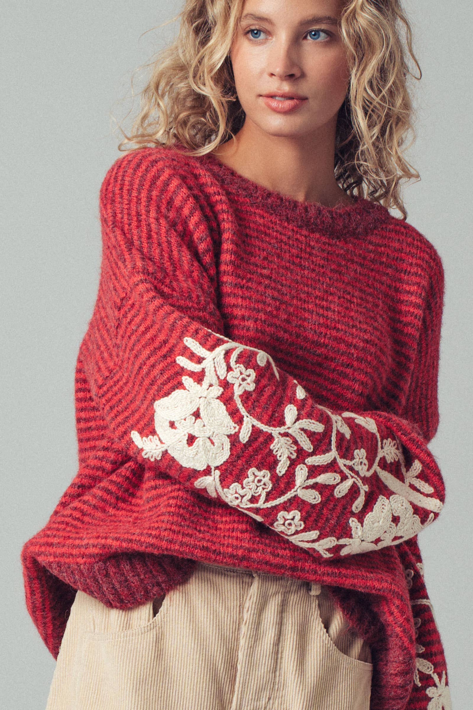 Urban Daizy Floral Embroidered Striped Knit Sweater Brown Knit Sweater - Women's (UDZ-TP-00814) – alternate view 2