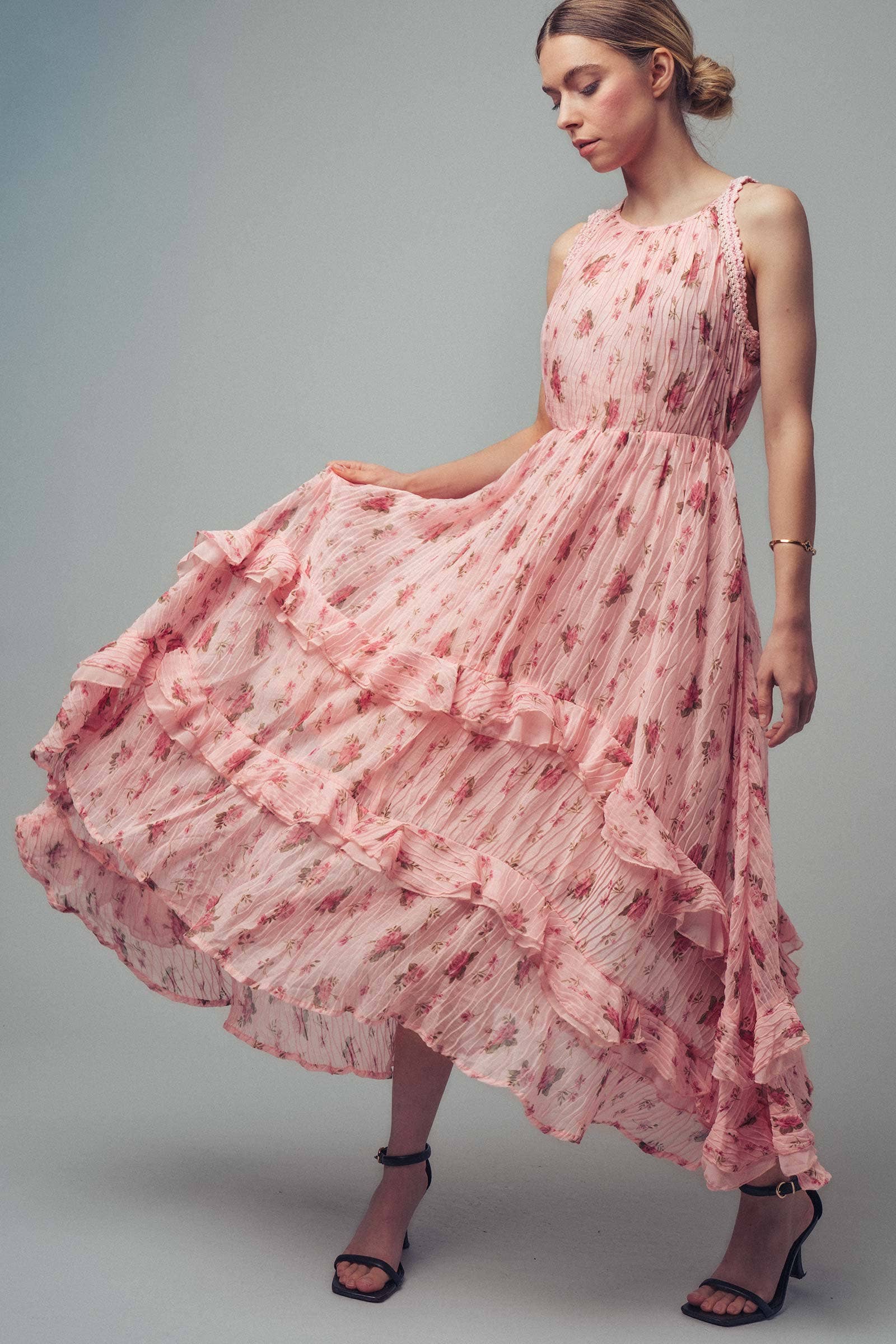 Floral Print Tiered Ruffle Crinkle Chiffon Dress