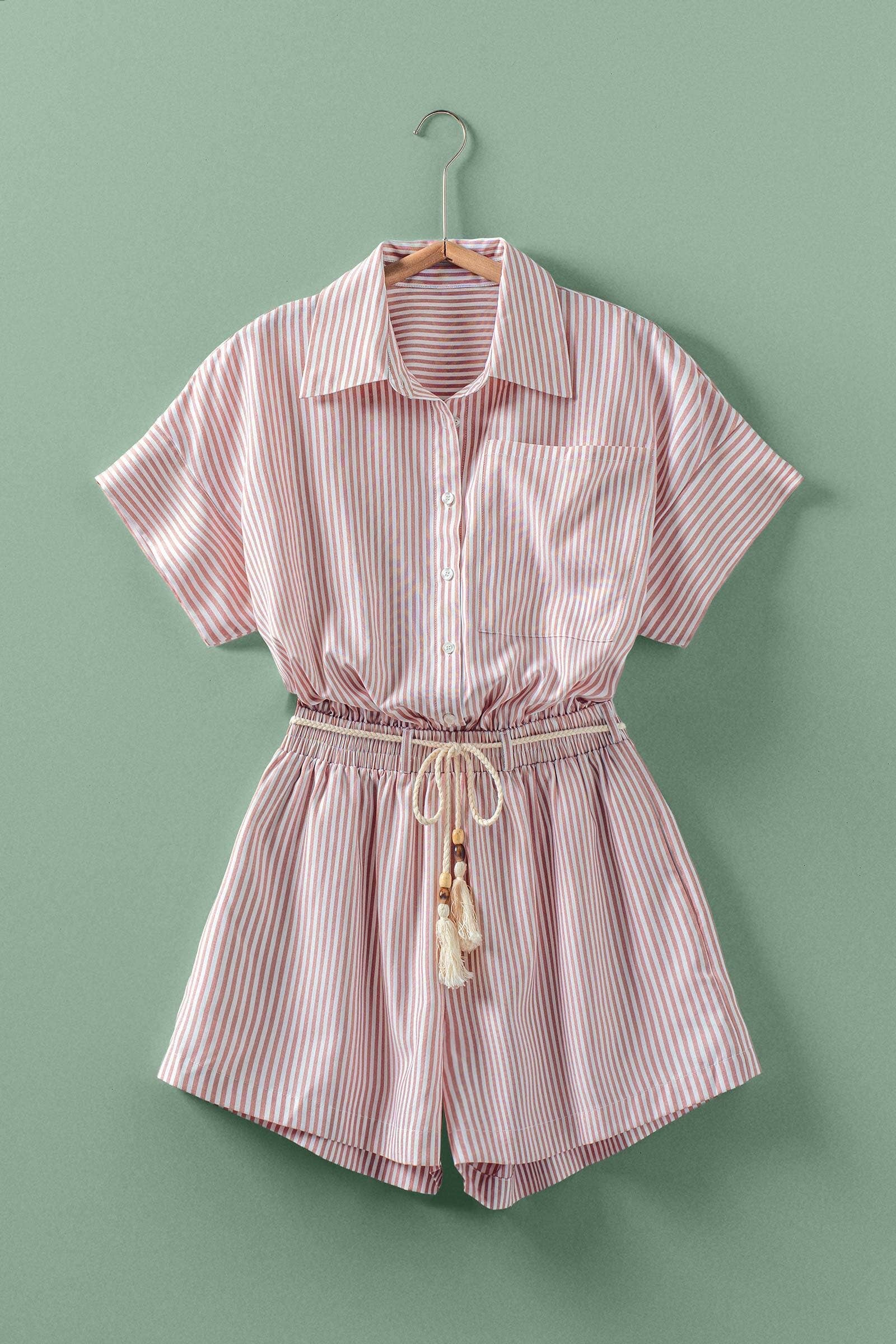 Urban Daizy Striped Tassel-Belt Collared Romper Pink Romper - Women's (UDZ-JR-00069)
