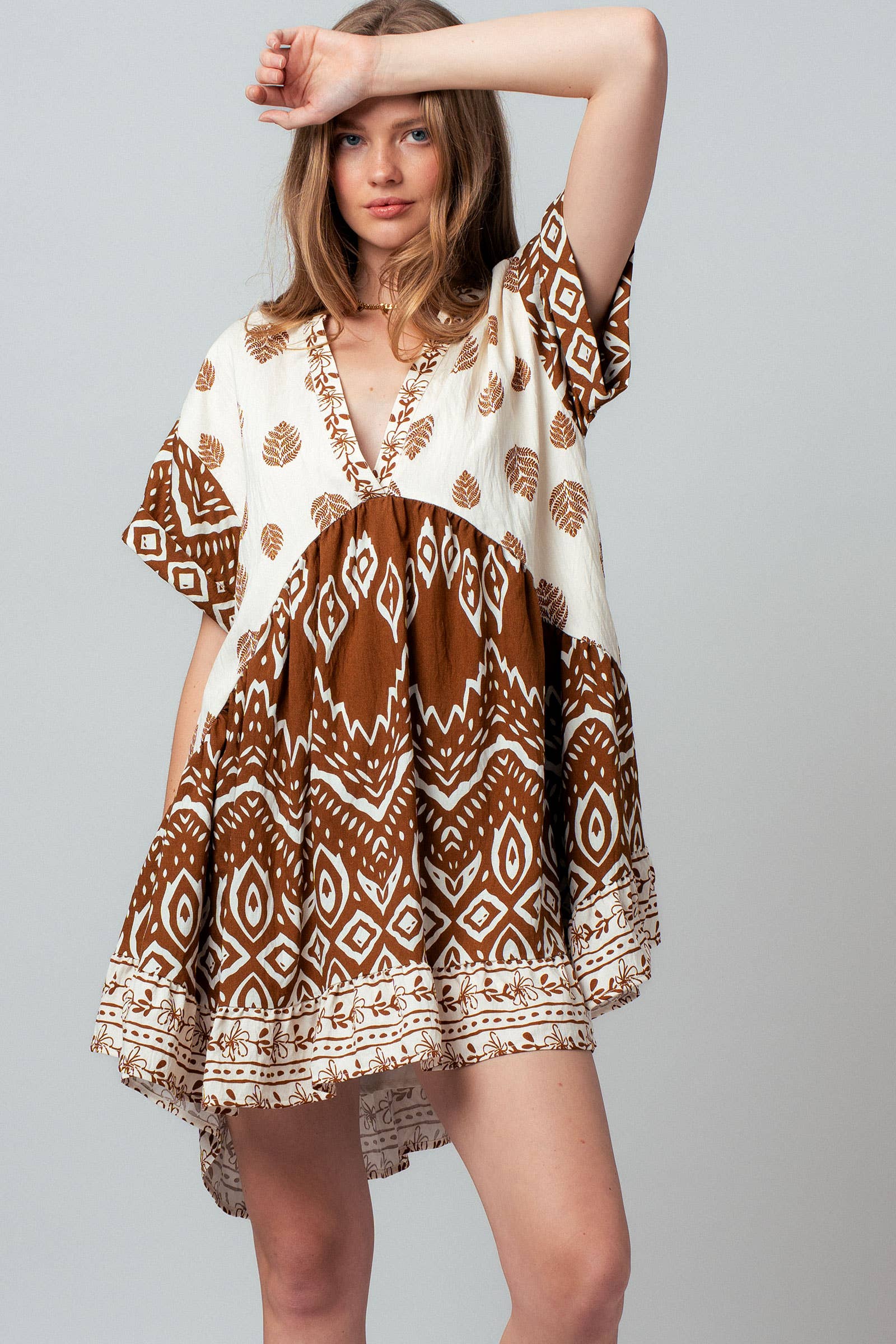 Urban Daizy Mixed-Print V-Neck Tiered Boho Mini Dress Ivory-Brown Dress - Women's (UDZ-DR-00476) – alternate view 9