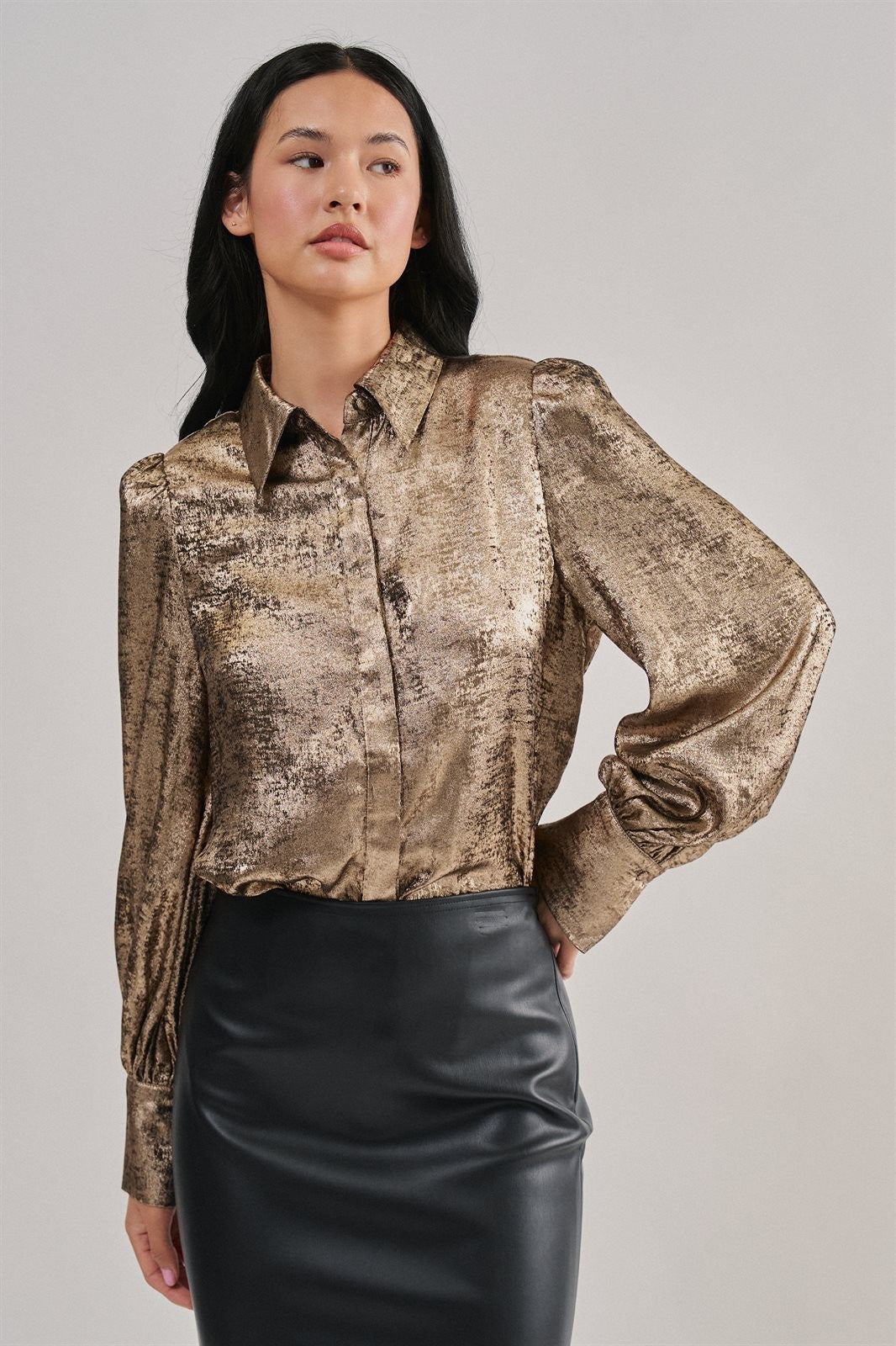 Metallic Shimmer Button Down Blouse with Puff Sleeves in GOLD - Women's Shirts & Blouses | Urban Daizy