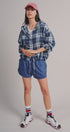 Plaid Flannel Hooded Shirt Jacket with Drawstring Hem in NAVY - Women's Shirts & Blouses | Urban Daizy